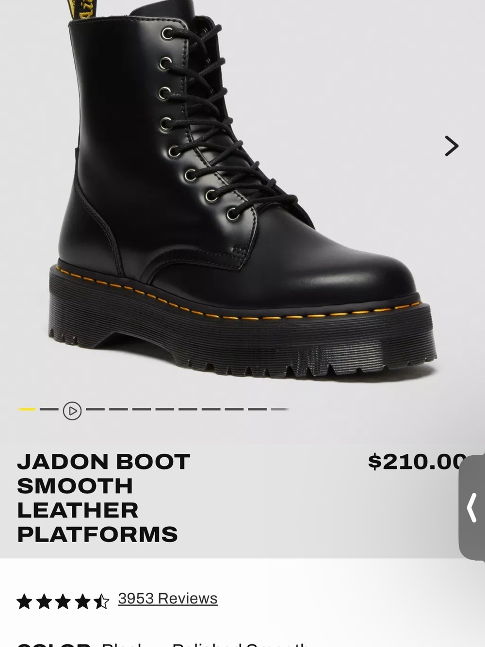 Dr. Martens Black Smooth Leather Platform Boot with Yellow Stitch